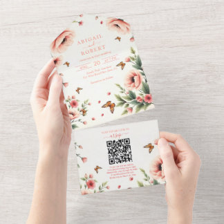 Roze anemoon, vlinders bloemrijke rand bruiloft all in one uitnodiging