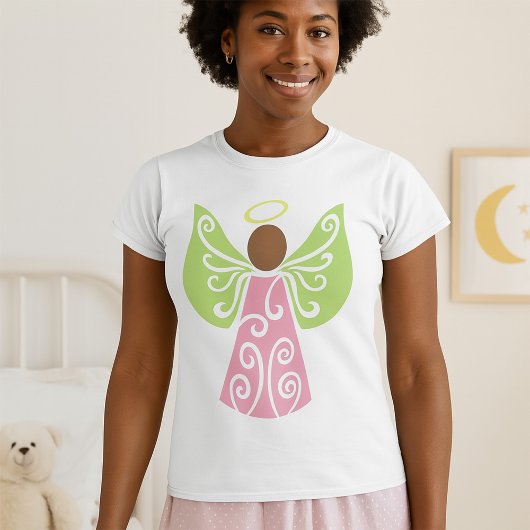 Roze Angel Groene Swirl Wings Spiritueel Decoratie T-shirt