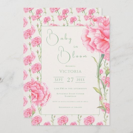 Roze Anjer Baby in Bloom Shower Uitnodiging (Voorkant / Achterkant)