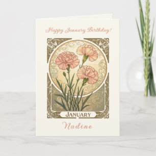 Roze Anjers Art Nouveau S januari geboortebloem Kaart