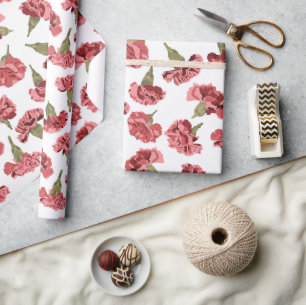  Roze Anjers Bloemen op Wit Patroontje Cadeaupapier