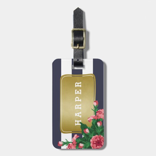 Roze anjers en blauwe strepen Aangepaste naam Bagagelabel (Voorkant verticaal)