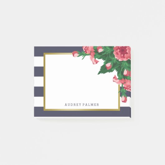 Roze anjers en Navy Blue Stripes - Aangepaste naam Post-it® Notes (Voorkant)