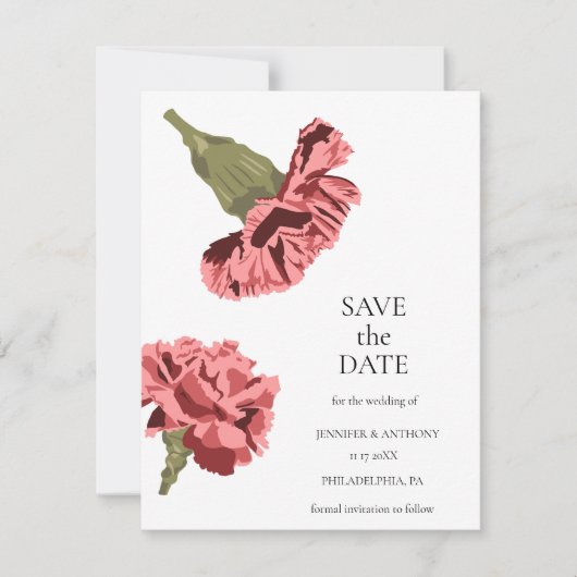 Roze Anjers Luxe Moderne Bloemen Save the Date Kaart (Voorkant)