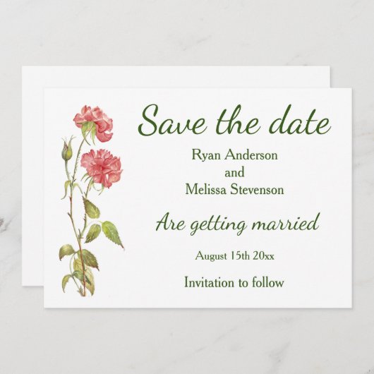 Roze anjers waterverf Flat Save the Date Card (Voorkant / Achterkant)