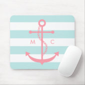 Roze anker en monogram op mintstripes muismat (Met muis)
