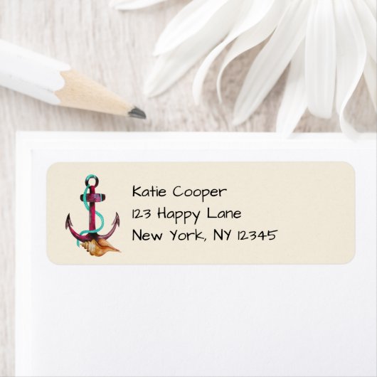 Roze anker met touw en zeeschelpen in Waterverf Etiket (Insitu)