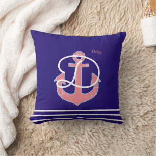 Roze Anker op blauw gepersonaliseerd nautisch Kussen