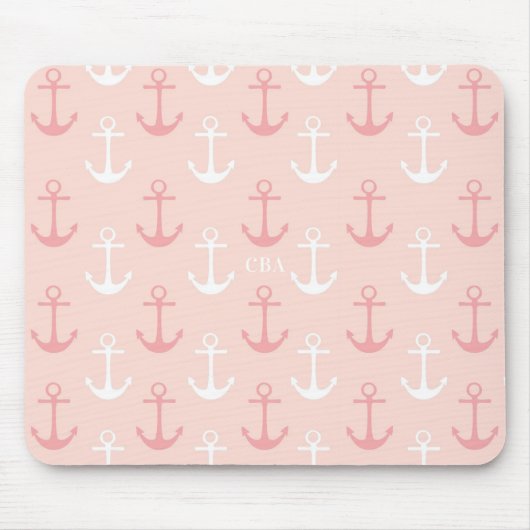 Roze Ankers Patroon Monogram Mousepad Muismat (Voorkant)