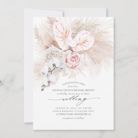 Roze Anthurium Orchideeën en Pampas Grass Bruiloft Kaart (Voorkant)