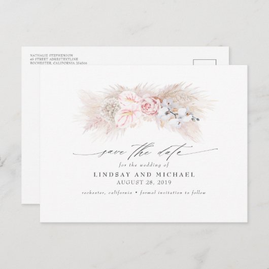 Roze Anthuriums en Pampas Gras Save the Date Briefkaart (Voorkant / Achterkant)