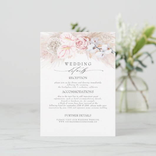 Roze Anthuriums Pampas Gras Bruiloft Informatie Informatiekaartje (Staand voorkant)