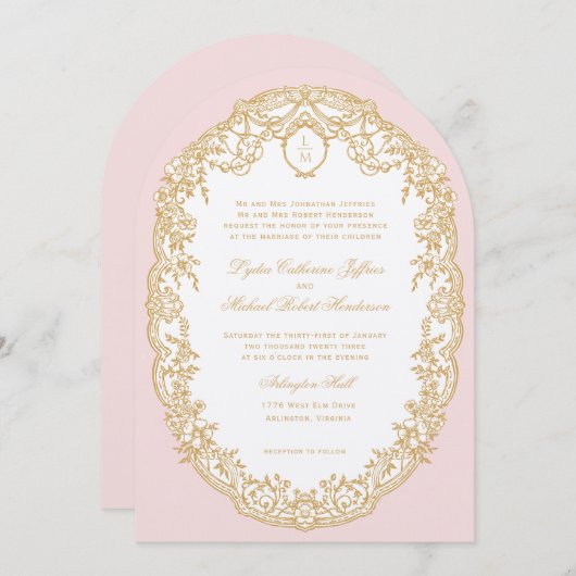 Roze Antiek Paris Monogram Uitnodiging (Voorkant / Achterkant)