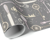 Roze Antiek Spoons en Sleutels op grijs Cadeaupapier (Rol Hoek)