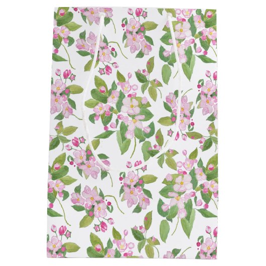 Roze appelbloesem bloemmotief op wit medium cadeauzakje (Achterkant)