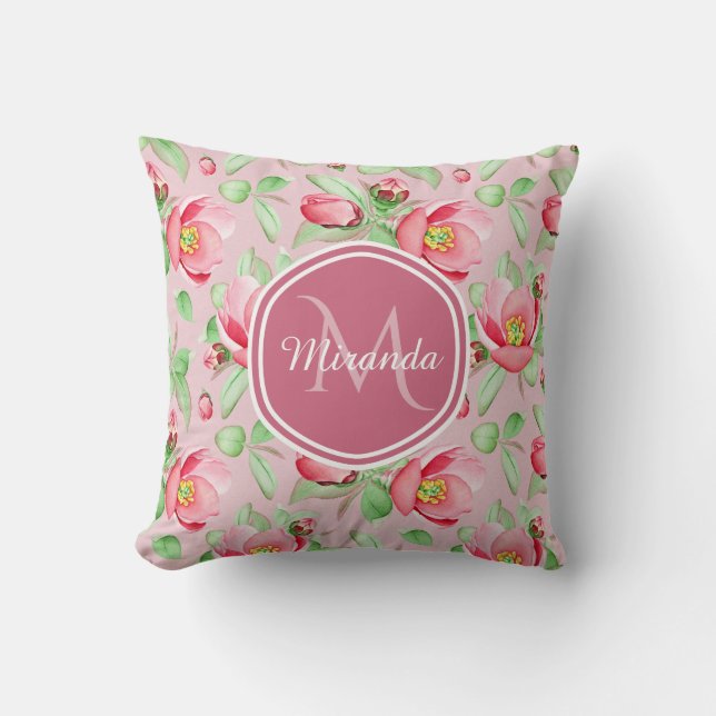 Roze Appelbloesem Monogram Kussen (Voorkant)