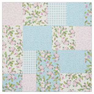 Roze Apple Blossom Floral en Check Faux Patchwork Stof