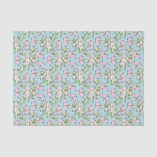 Roze Apple Blossom Floral Pattern on Sky Blue Tissuepapier (Voorkant)