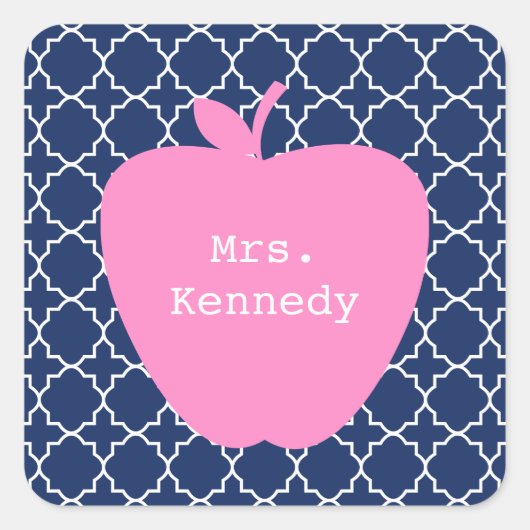 Roze Apple Navy Quatrefoil Vierkante Sticker (Voorkant)
