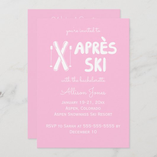 Roze Apres Ski Bachelorette Party Uitnodiging (Voorkant / Achterkant)