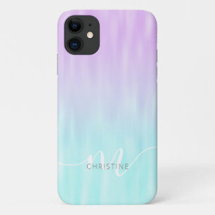 Roze Aqua Blue Pastel Ombre Chic Script Monogram iPhone 11 Hoesje