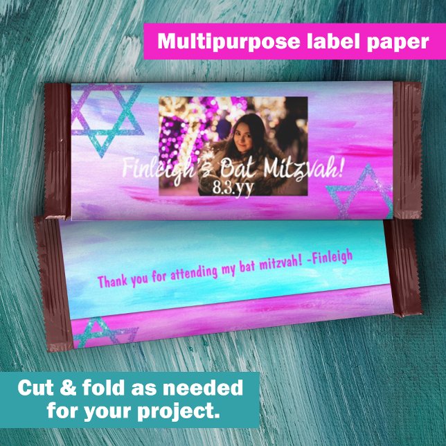 Roze Aqua Budget Bat Mitzvah Snoep Bar Wrapper (Hot pink, violet, turquoise, cyan bat mitzvah personalized chocolate bar wrapper DIY cheap low cost)