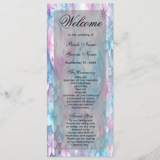 Roze Aqua Harten en Bloemen Wedding Programma (Voorkant)