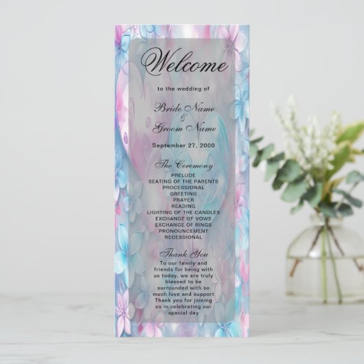 Roze Aqua Harten en Bloemen Wedding Programma (Staand voorkant)