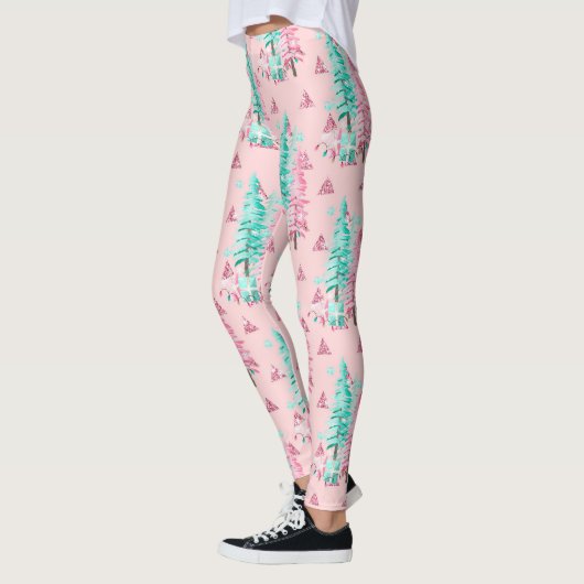Roze Aqua Kerstboom Feestelijk Leggings (Links)