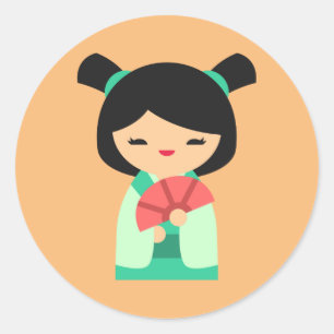 Roze aqua peach Kokeshi Japanse poppen Ronde Sticker
