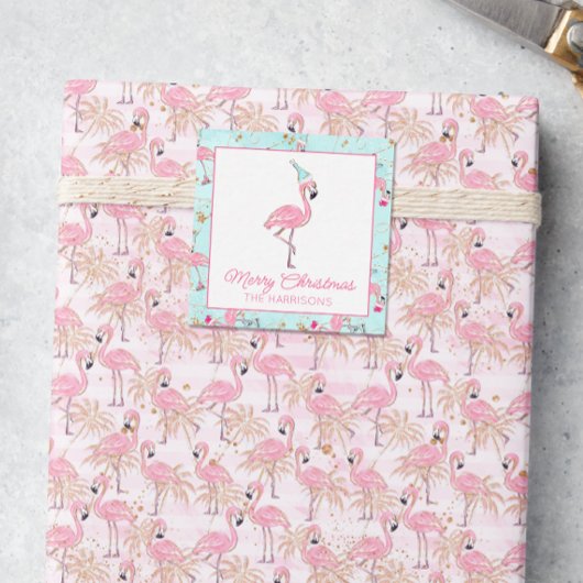 Roze & Aqua Santa Flamingo Beach Kerstcadeau Notitiekaartje