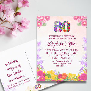 Roze Aquarel 80ste Verjaardagsfeest Viering Briefkaart