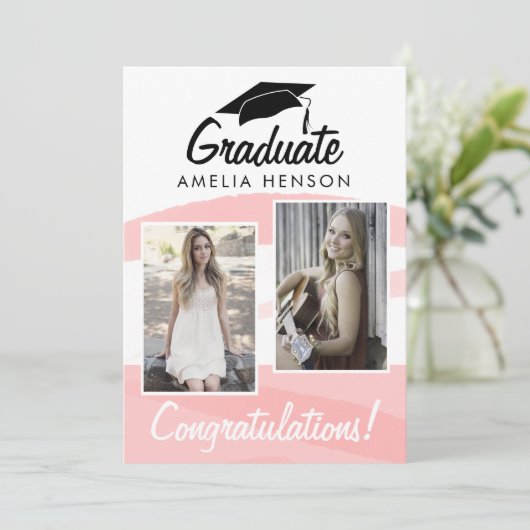 Roze Aquarel Afstudeercongratulaties 2 Foto Kaart (Staand voorkant)