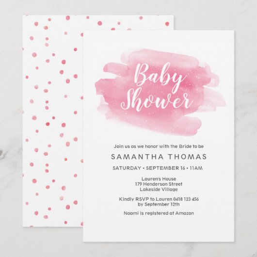 Roze Aquarel Baby Shower Uitnodiging (Voorkant / Achterkant)