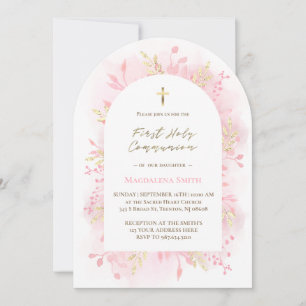 roze aquarel blad eerste heilige communie kaart