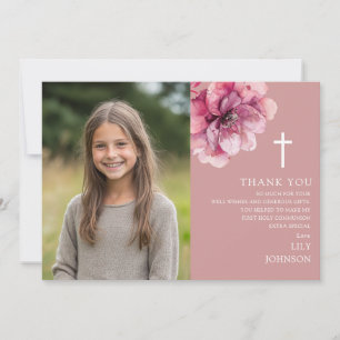 Roze Aquarel Bloem Foto Eerste Heilige Communie Bedankkaart