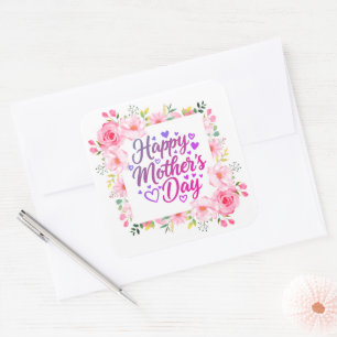 Roze Aquarel Bloem "Gelukkige Moederdag" Vierkante Sticker