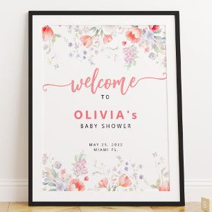 Roze aquarel bloemen babyshower welkomstbord poster