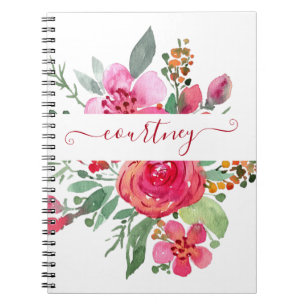 Roze aquarel bloemen gepersonaliseerd notitieboek