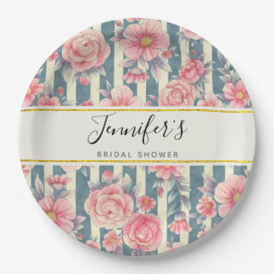 Roze Aquarel Bloemen op Strepen Bruidsdouche Papieren Bordje
