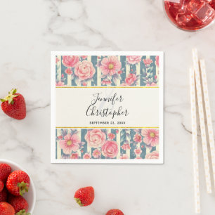 Roze Aquarel Bloemen op Strepen Bruiloft Servet