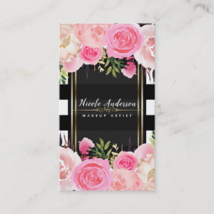 Roze Aquarel Bloemen Zwart Wit Strepen Klasse Visitekaartje