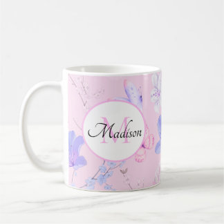 Roze Aquarel Bloemenvlinders Monogram  Koffiemok