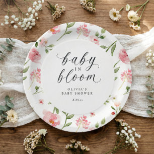 Roze Aquarel Bloemetuin Baby in Bloom Shower Papieren Bordje