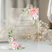 Roze Aquarel Bloemige Pioenrozen Elegante Trouwdag Acryl Uitnodigingen