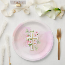 Roze Aquarel Bloemkruis Baby Inwijding Papieren Bo