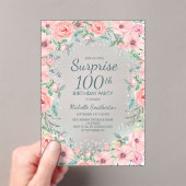 Roze Aquarel Bloemrozen Parels 100e Verjaardag Acryl Uitnodigingen (Insitu (Draagbaar))