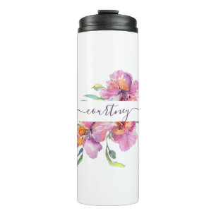 Roze aquarel bloemstuk gepersonaliseerd  thermosbeker