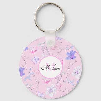 Roze Aquarel Bloemvlinders Monogram  Sleutelhanger