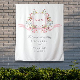 Roze Aquarel Botanische Regency Wapen Huwelijk Wandkleed
